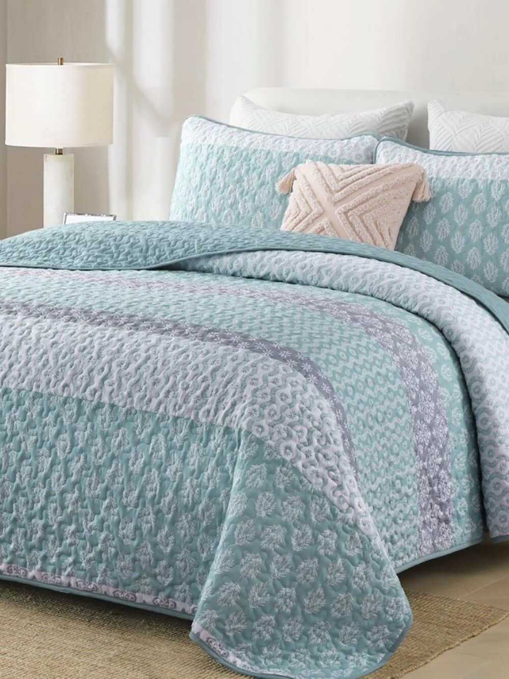 Boho Full Size Quilt Set,Teal Striped Bedspread Bedding